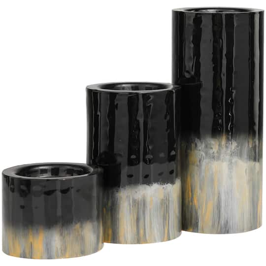 Black Metal Colorblock Candle Holder with Gold and Silver Streaks Set